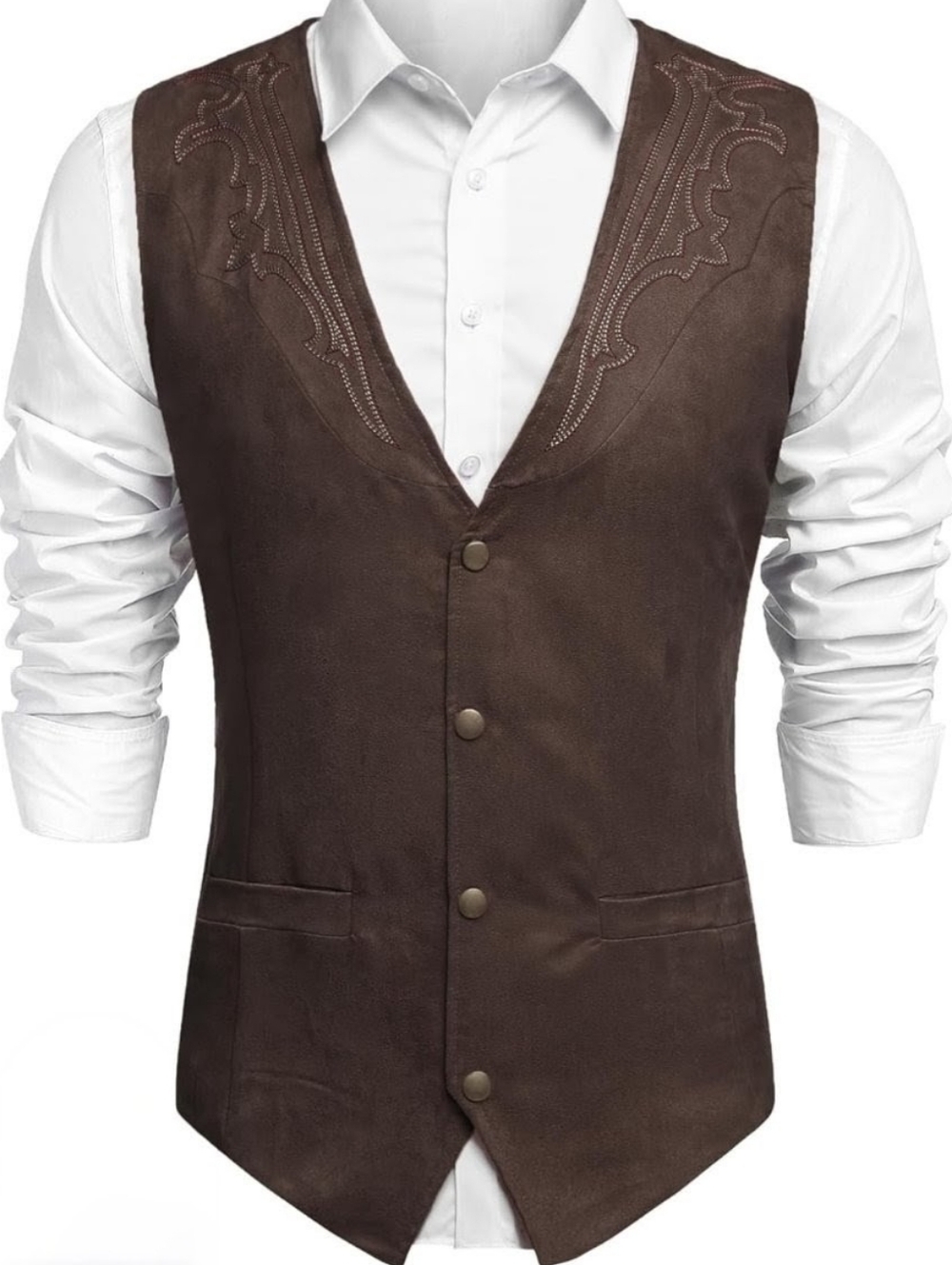 Coofandy NWT Men's Suede Look Western Vest Brown Embroidered